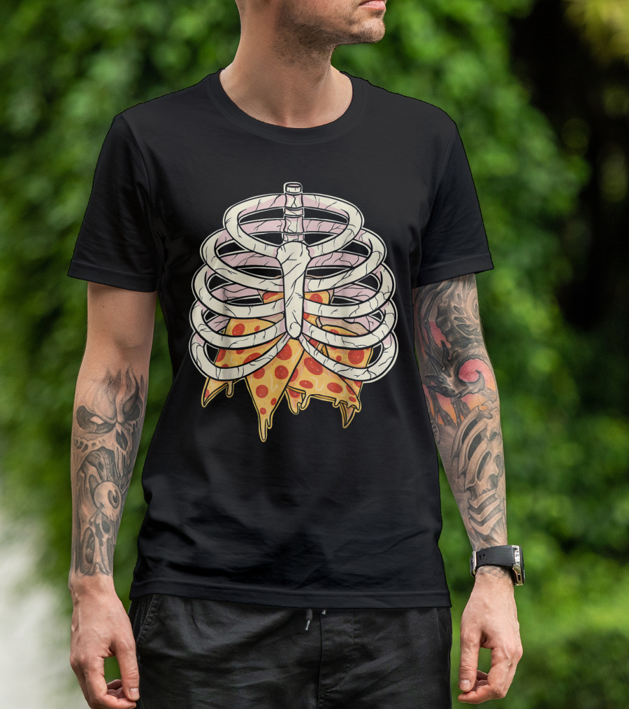 Skeleton Ribcage Pizza Slice Zombie Hall T-Shirt
