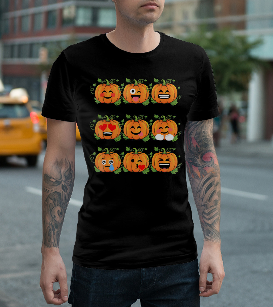 Pumpkin Emoji Faces Smiling Laughing Heart Eyes Winking Funny Expressions T-Shirt