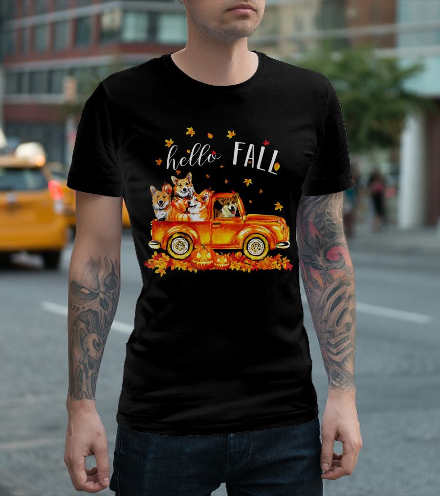 Hello Fall Corgis in Truck with Pumpkins and Leaves T-Shirt