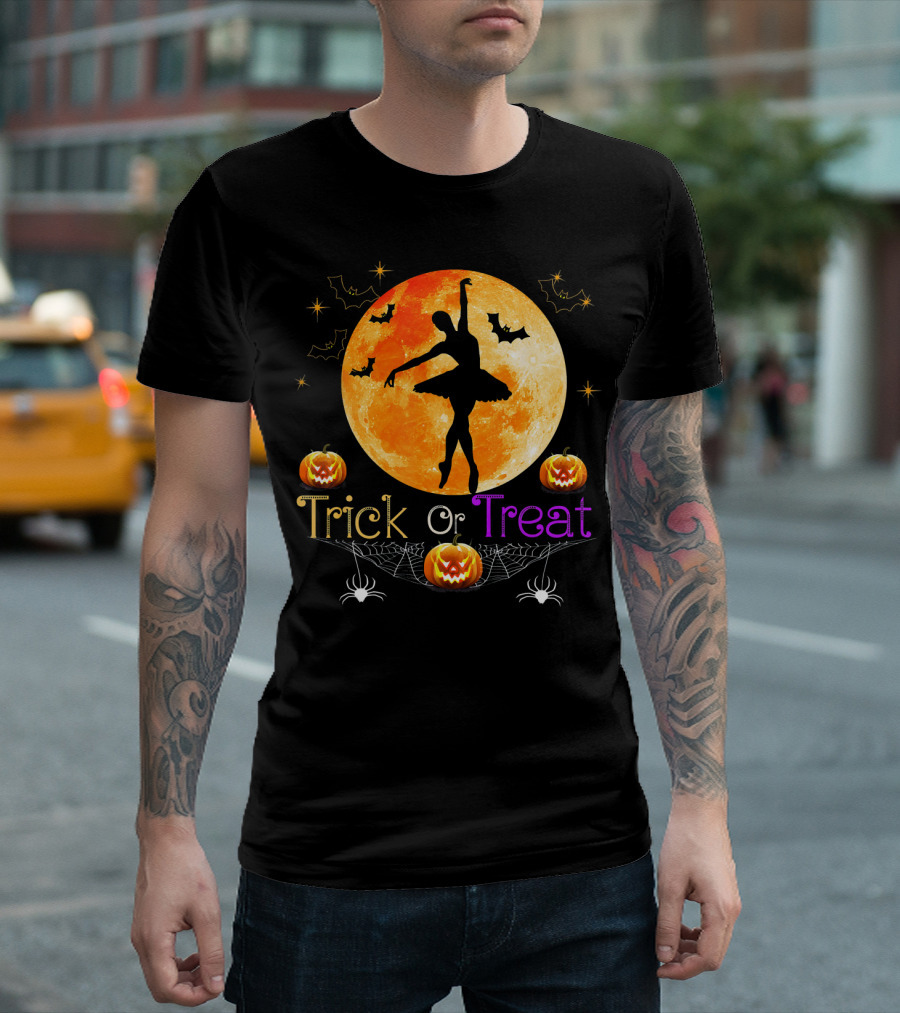 Trick Or Treat Ballerina Halloween Moon Pumpkins Bats Spiders T-Shirt