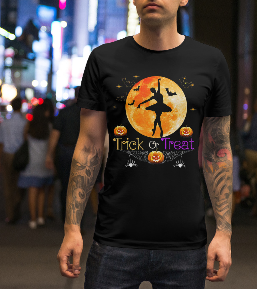 Trick Or Treat Ballerina Halloween Moon Pumpkins Bats Spiders T-Shirt