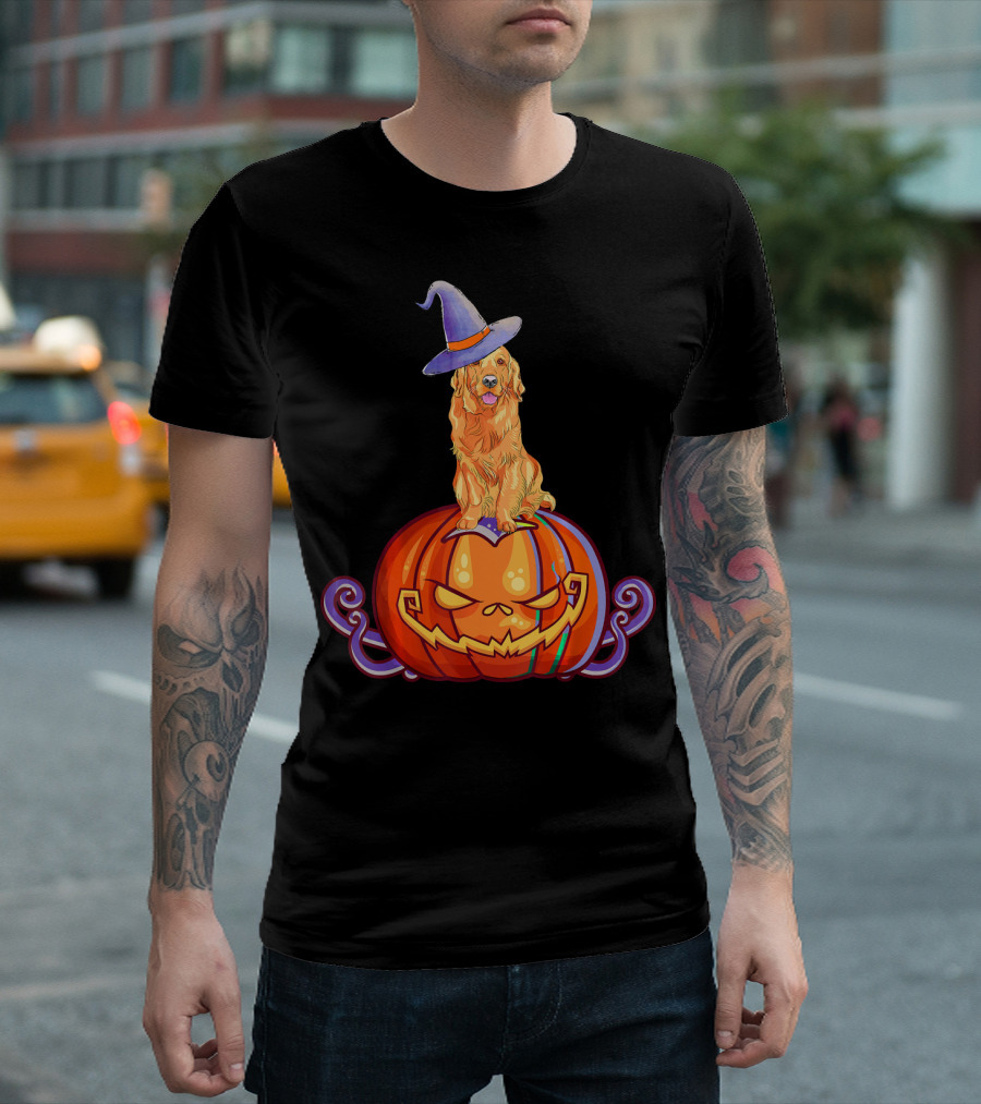 Golden Retriever Halloween Pumpkin Witch Hat T-Shirt
