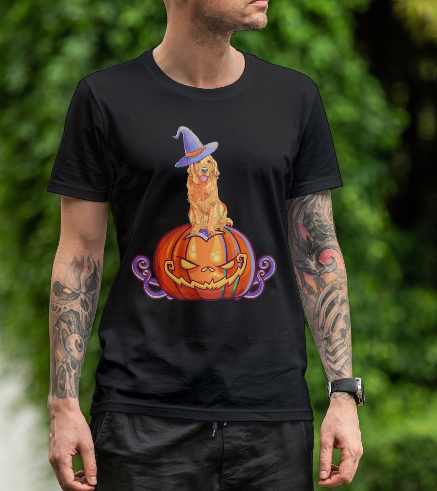 Golden Retriever Halloween Pumpkin Witch Hat T-Shirt