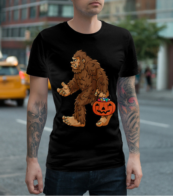 Bigfoot Carrying Jack O Lantern Halloween Candy T-Shirt