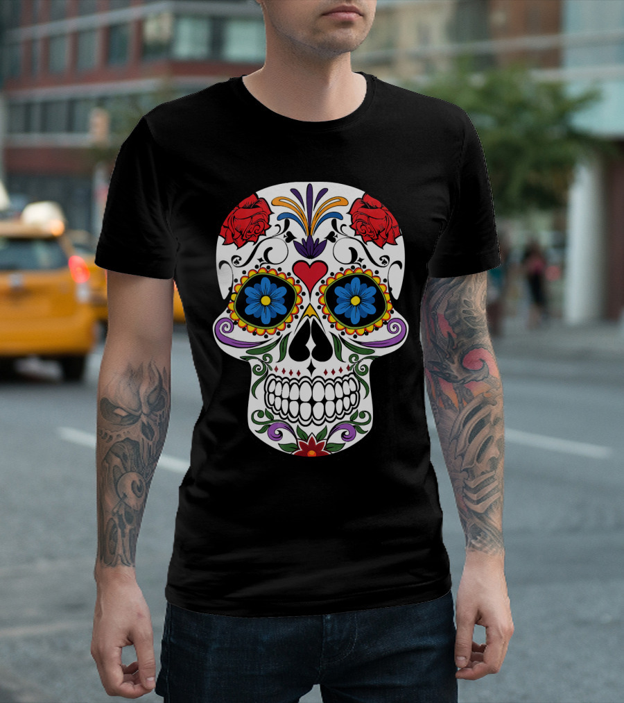 Day Of Dead Sugar Skull With Roses And Flowers T-Shirt