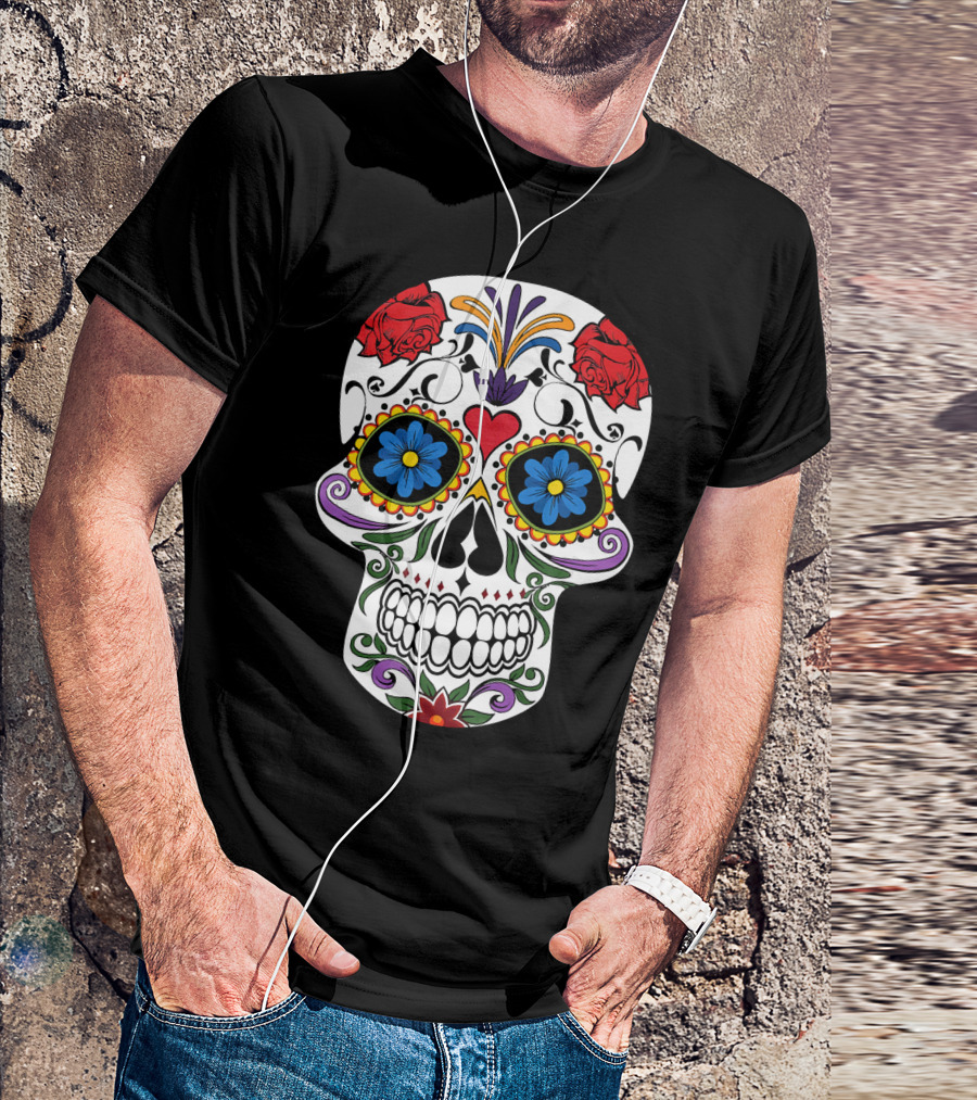 Day Of Dead Sugar Skull With Roses And Flowers T-Shirt