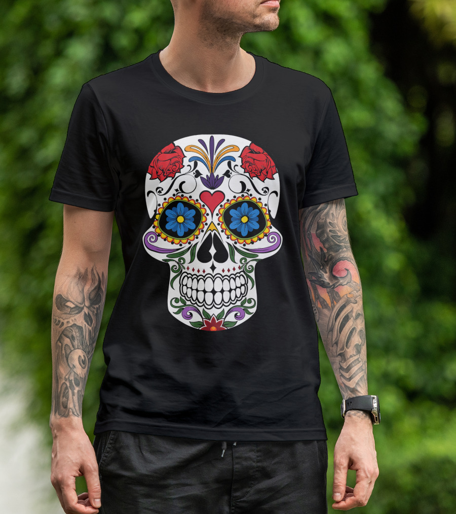 Day Of Dead Sugar Skull With Roses And Flowers T-Shirt