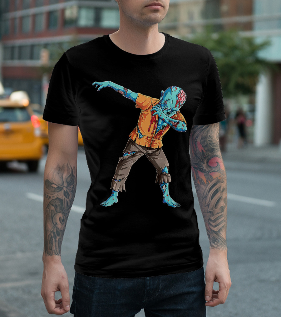 Dabbing Zombie with Orange Shirt and Blue Skin T-Shirt
