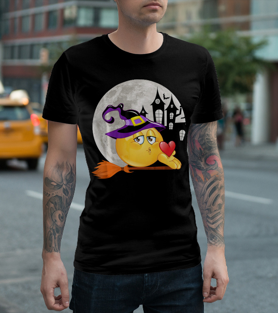 Kissing Face Emoji Witch Hat Broomstick with Heart in Front of Spooky House and Full Moon T-Shirt