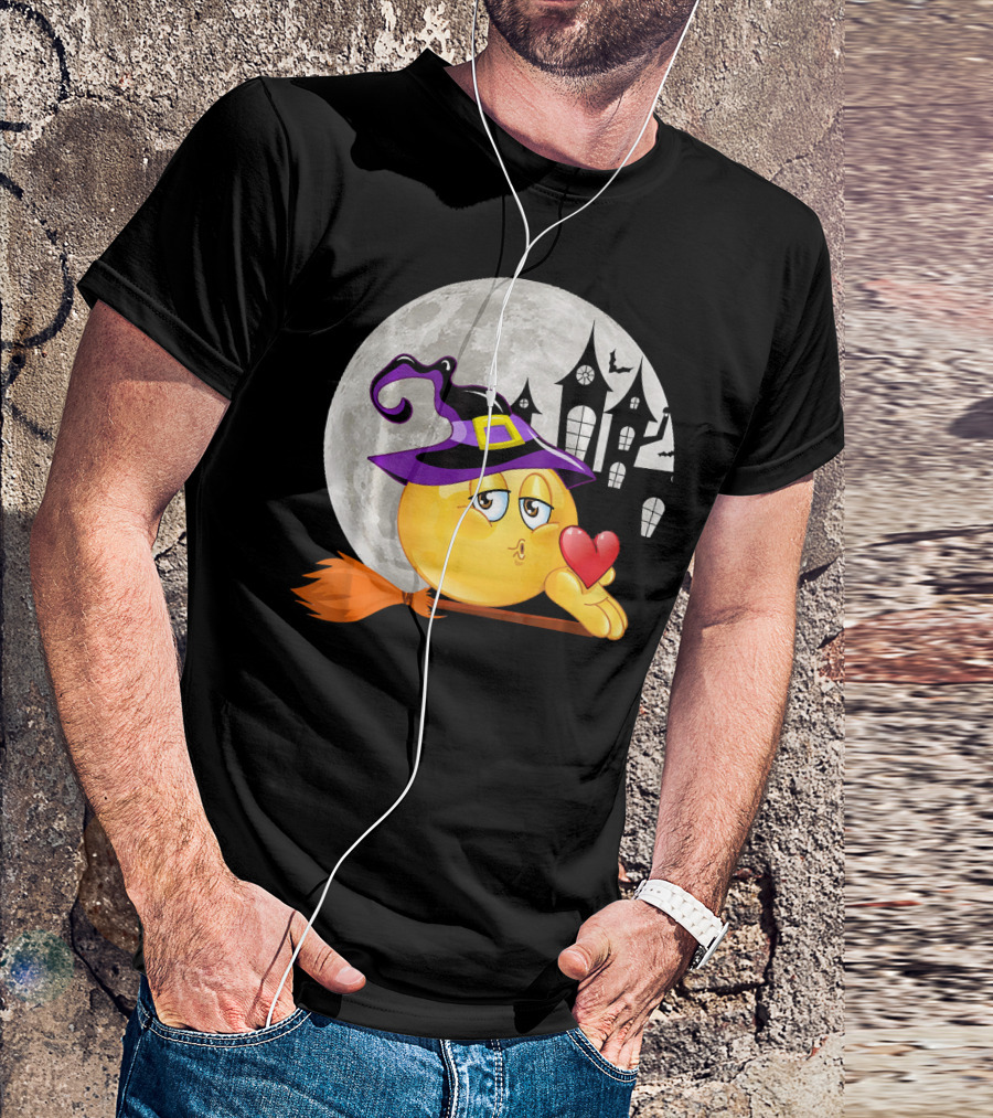 Kissing Face Emoji Witch Hat Broomstick With Heart In Front Of Spooky House And Full Moon T-Shirt