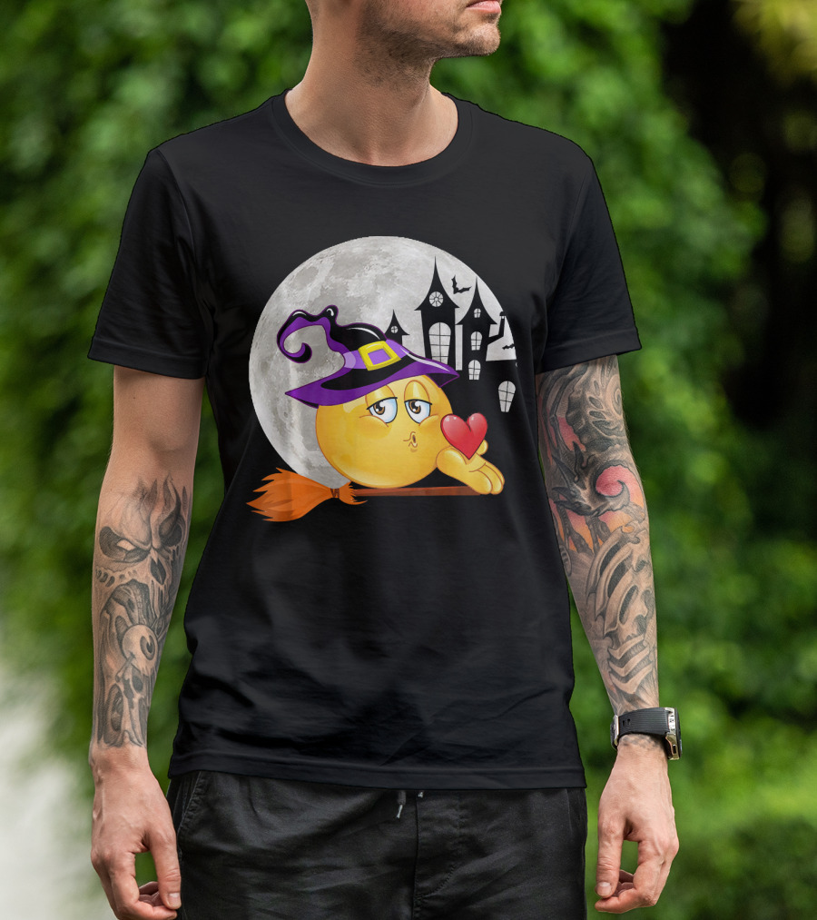 Kissing Face Emoji Witch Hat Broomstick With Heart In Front Of Spooky House And Full Moon T-Shirt