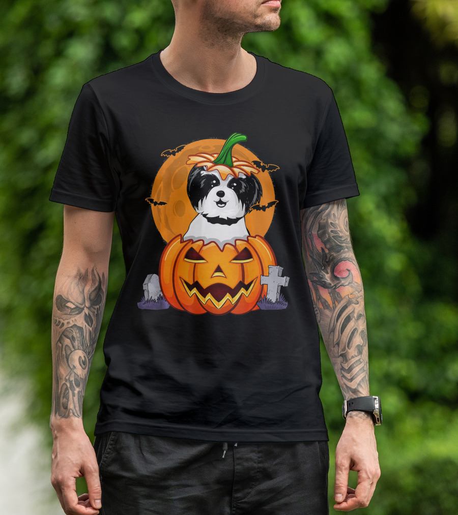Funny Shih Tzu Pumpkin Halloween Moon Bats Graveyard T-Shirt