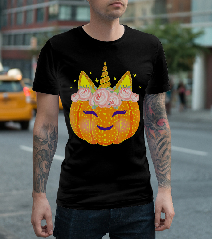Smiling Unicorn Pumpkin With Flowers And Stars T-Shirt