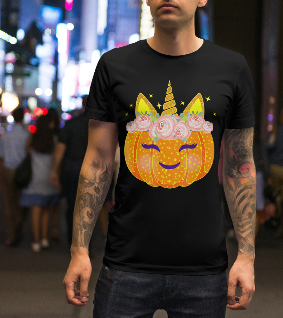 Smiling Unicorn Pumpkin With Flowers And Stars T-Shirt
