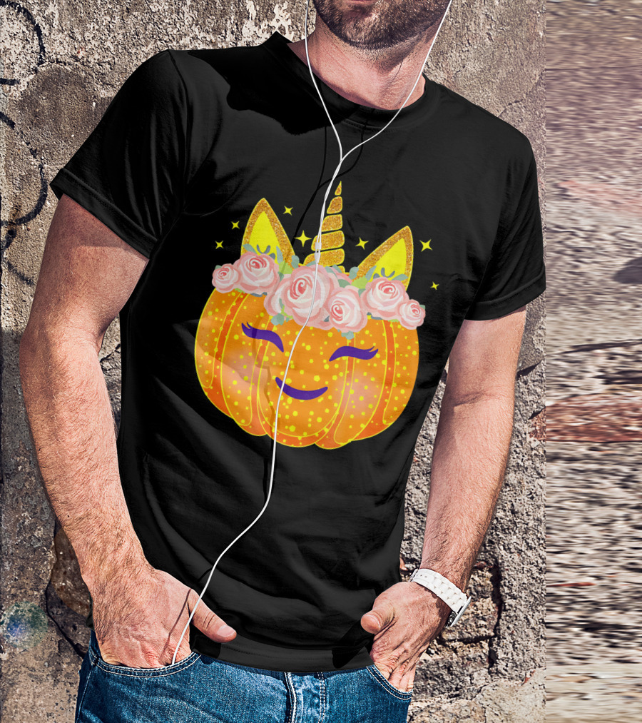 Smiling Unicorn Pumpkin With Flowers And Stars T-Shirt