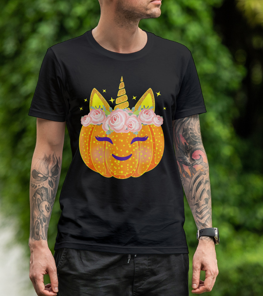 Smiling Unicorn Pumpkin With Flowers And Stars T-Shirt