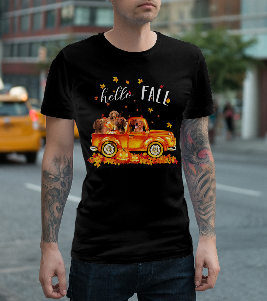 Hello Fall Dachshund Pumpkins Leaves Truck T-Shirt