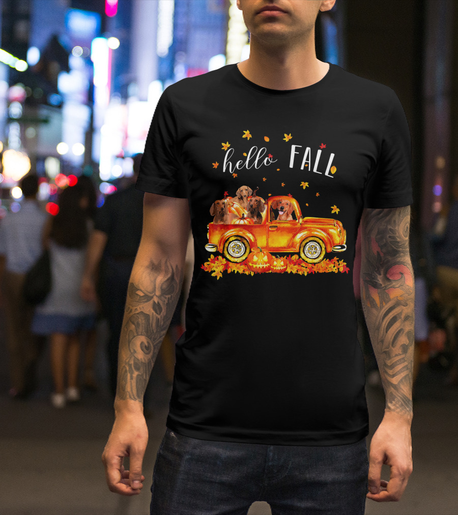 Hello Fall Dachshund Pumpkins Leaves Truck T-Shirt