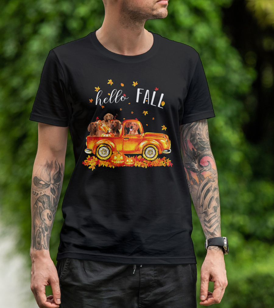 Hello Fall Dachshund Pumpkins Leaves Truck T-Shirt