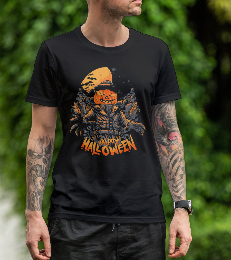 Happy Halloween Pumpkin Horror Moonlit Scarecrow Cornfield T-Shirt