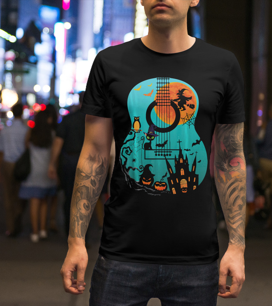 Guitar Lover Scary Halloween Pumpkin Music Witch Castle Cat Owl Bats Moon T-Shirt