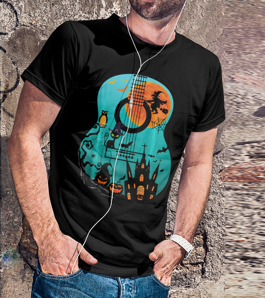 Guitar Lover Scary Halloween Pumpkin Music Witch Castle Cat Owl Bats Moon T-Shirt