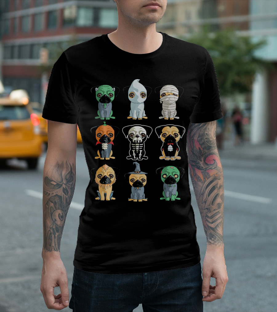 Cute Pugs Halloween Costumes Monster Ghost Mummy Vampire Skeleton Lion Wizard T-Shirt