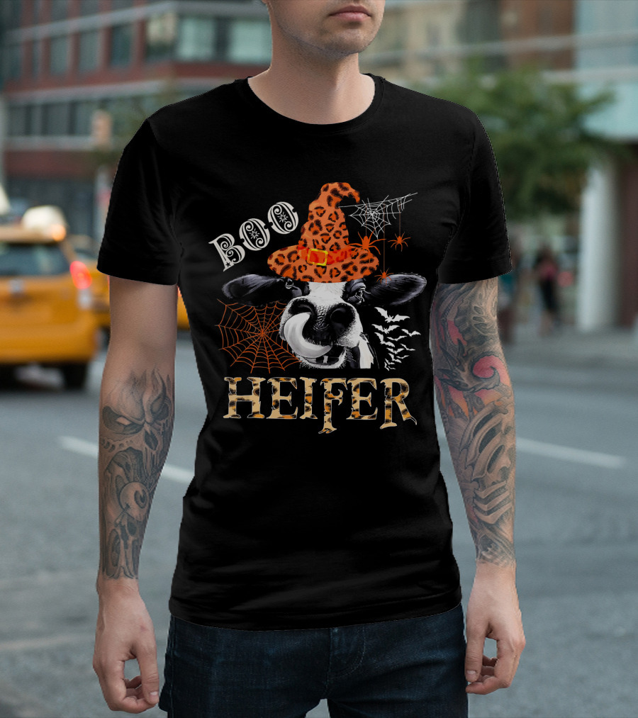 Boo Heifer Cute Leopard Cow Witch Halloween Spiders Bats Webs T-Shirt