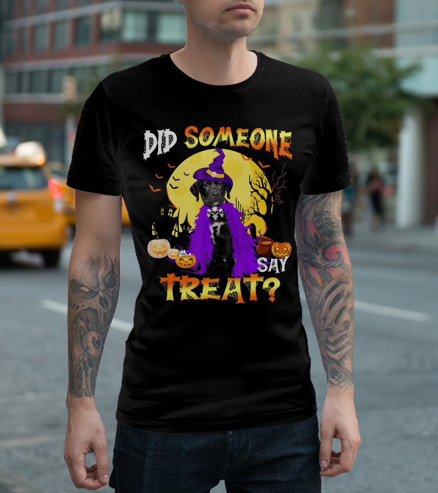 Did Someone Say Treat Black Lab Halloween Dog with Pumpkins and Witch Hat T-Shirt