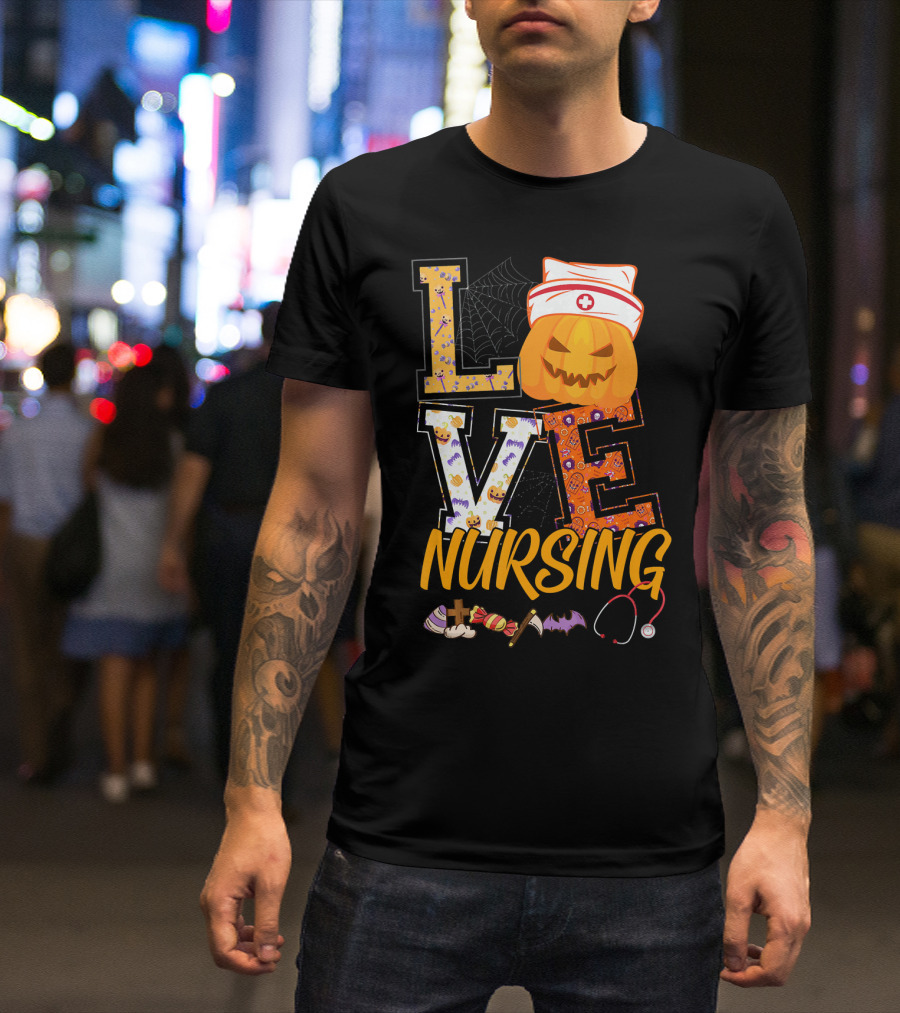 LOVE Nursing Pumpkin Halloween Nurse Stethoscope Spider Web Bat Candy T-Shirt