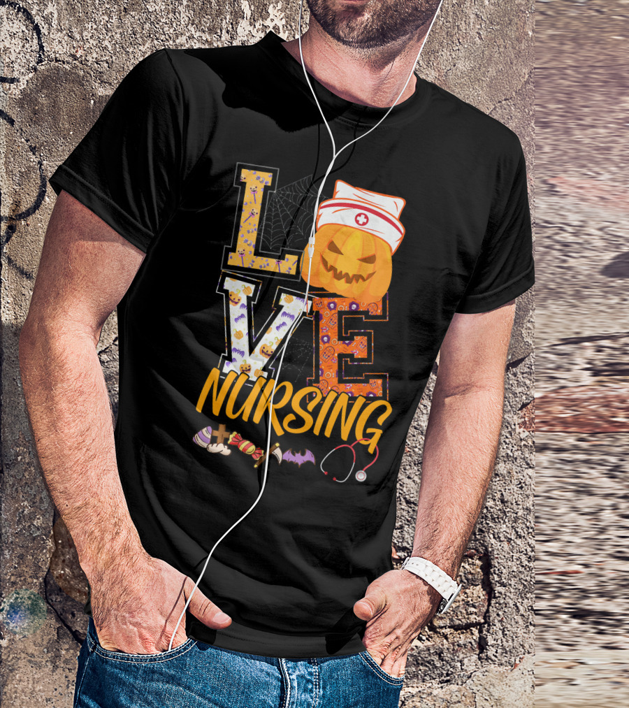LOVE Nursing Pumpkin Halloween Nurse Stethoscope Spider Web Bat Candy T-Shirt