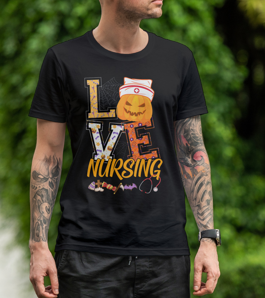 LOVE Nursing Pumpkin Halloween Nurse Stethoscope Spider Web Bat Candy T-Shirt