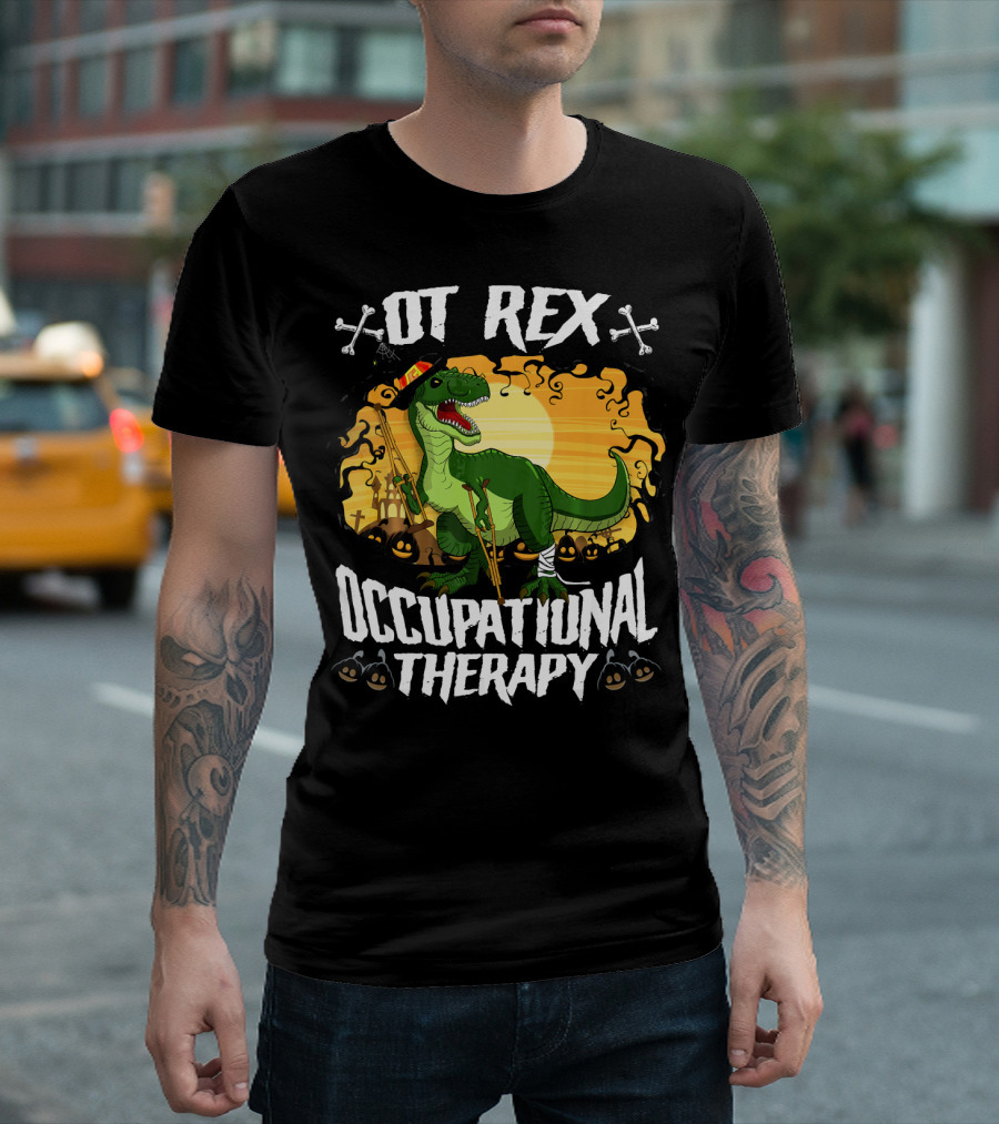 OT Rex Occupational Therapy Halloween Dinosaur with Crutches and Bandages T-Shirt