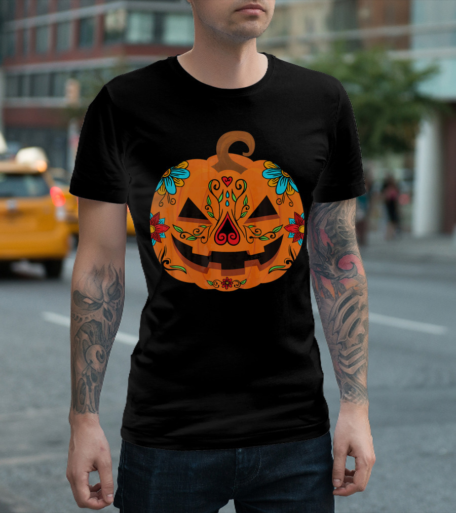Pumpkin Sugar Skull Halloween Jack-O'-Lantern Floral T-Shirt
