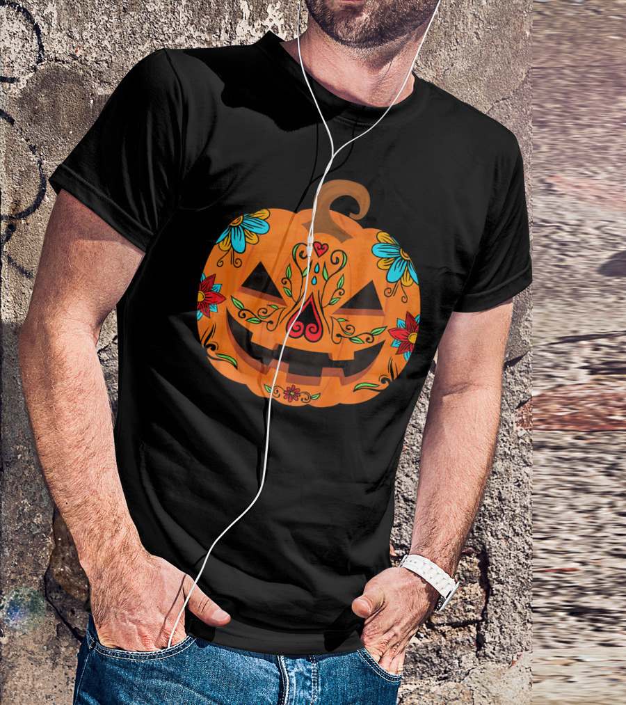 Pumpkin Sugar Skull Halloween Jack-O'-Lantern Floral T-Shirt