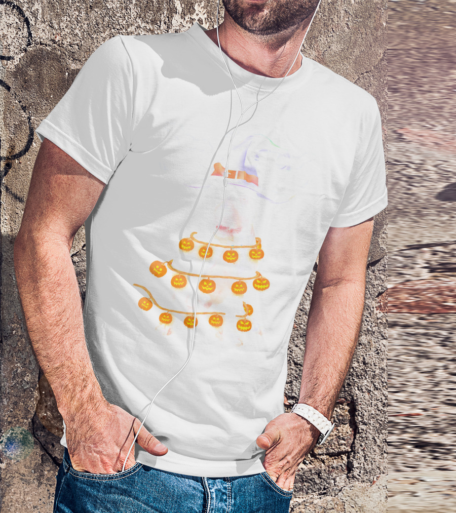 Pitbull Wrapped In Pumpkin Lights With Witch Hat And Bats Halloween T-Shirt