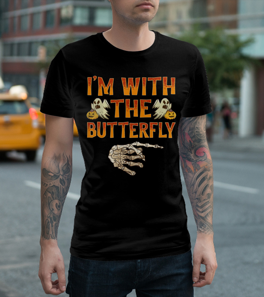 I'm With The Butterfly Ghosts Skeleton Hand Pumpkins T-Shirt