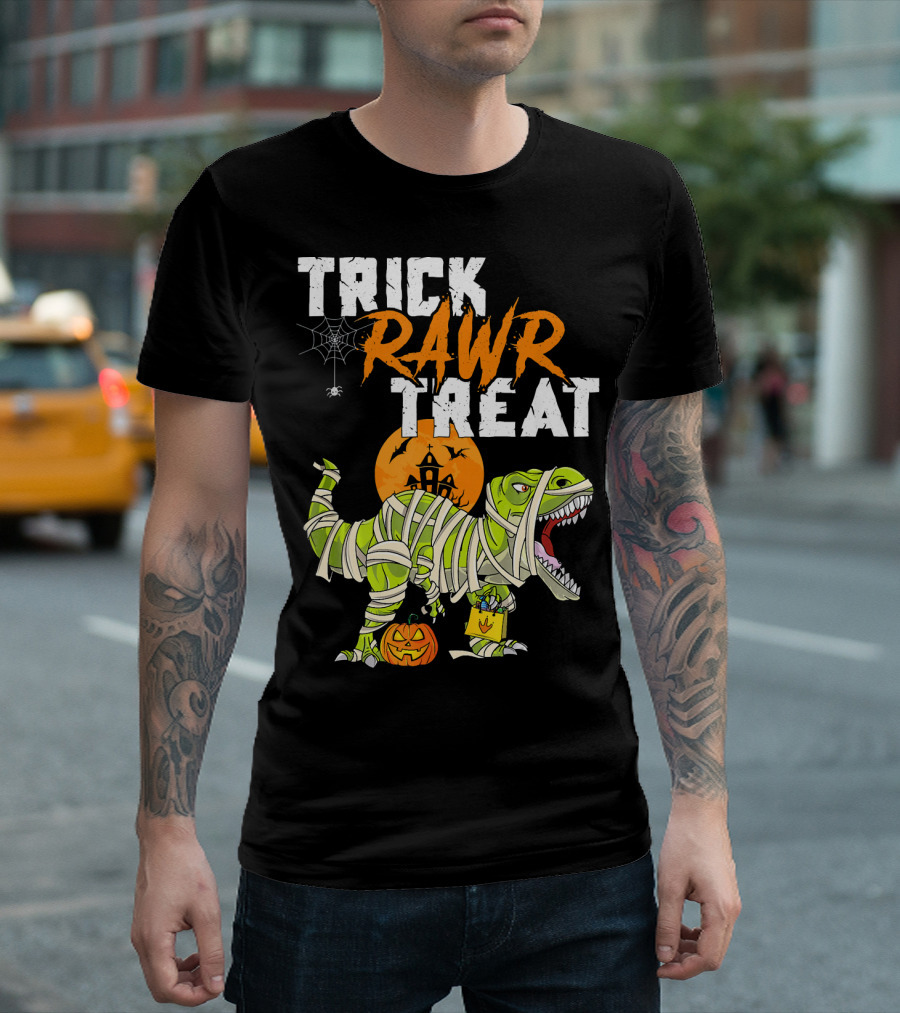 Trick Rawr Treat Dinosaur Mummy Halloween Rex Jack-O'-Lantern T-Shirt
