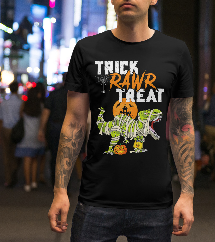 Trick Rawr Treat Dinosaur Mummy Halloween Rex Jack-O'-Lantern T-Shirt