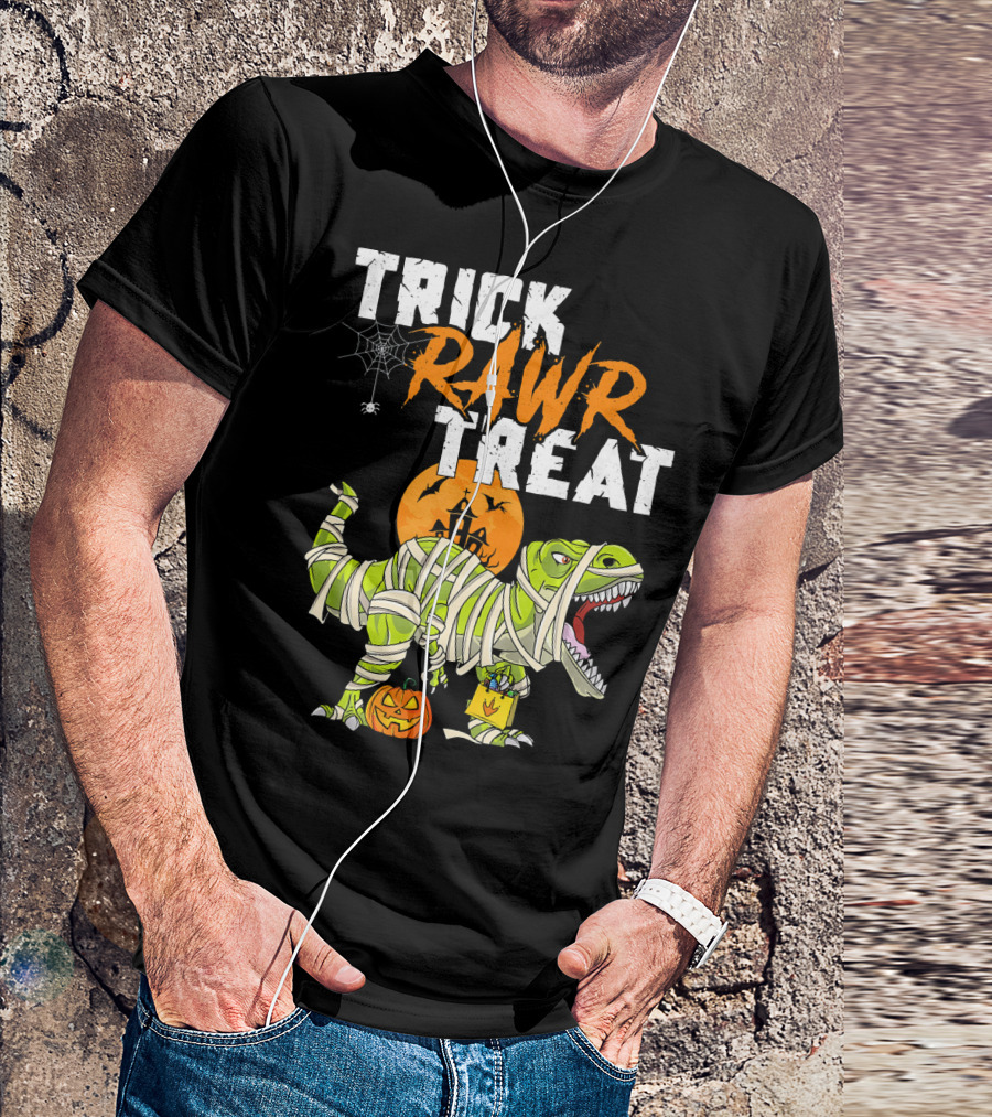 Trick Rawr Treat Dinosaur Mummy Halloween Rex Jack-O'-Lantern T-Shirt