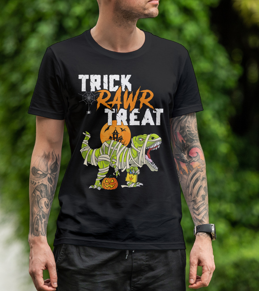 Trick Rawr Treat Dinosaur Mummy Halloween Rex Jack-O'-Lantern T-Shirt