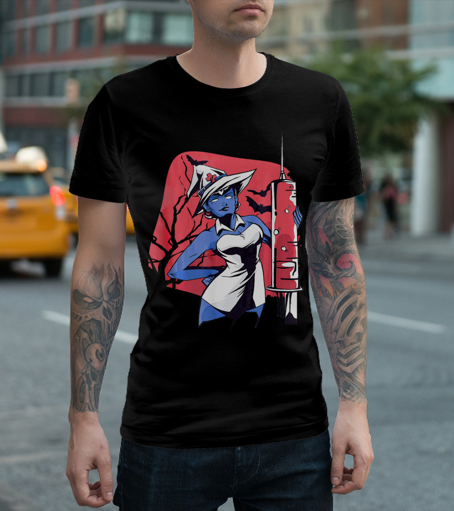 Halloween Witch Nurse Holding Syringe with Witch Hat and Bats T-Shirt