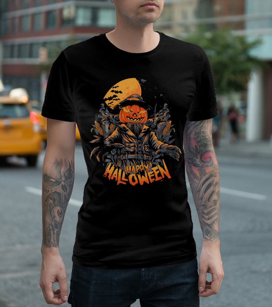 Happy Halloween Scarecrow Pumpkin Moonlit Scene T-Shirt