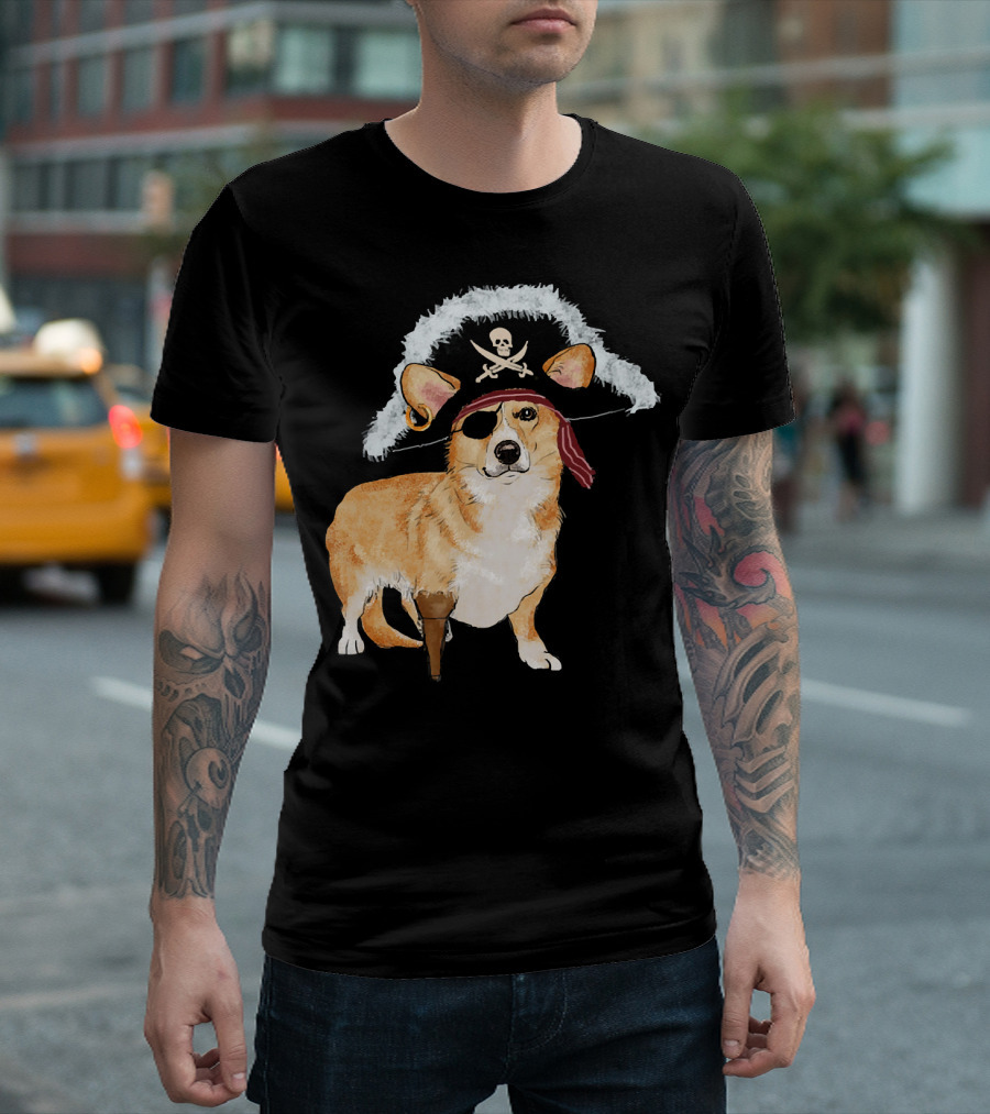 Funny Pirate Corgi Halloween Dog Lovers Skull Eyepatch Hat T-Shirt
