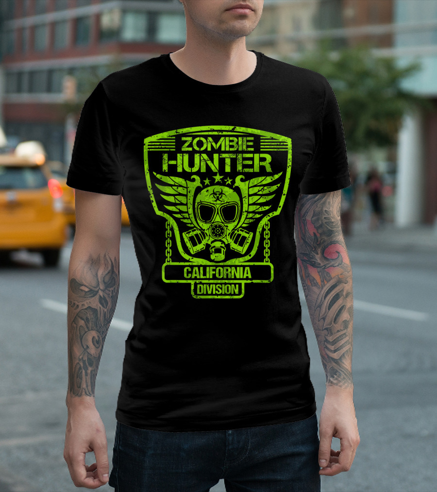 Zombie Hunter California Division Gas Mask Wings Emblem T-Shirt