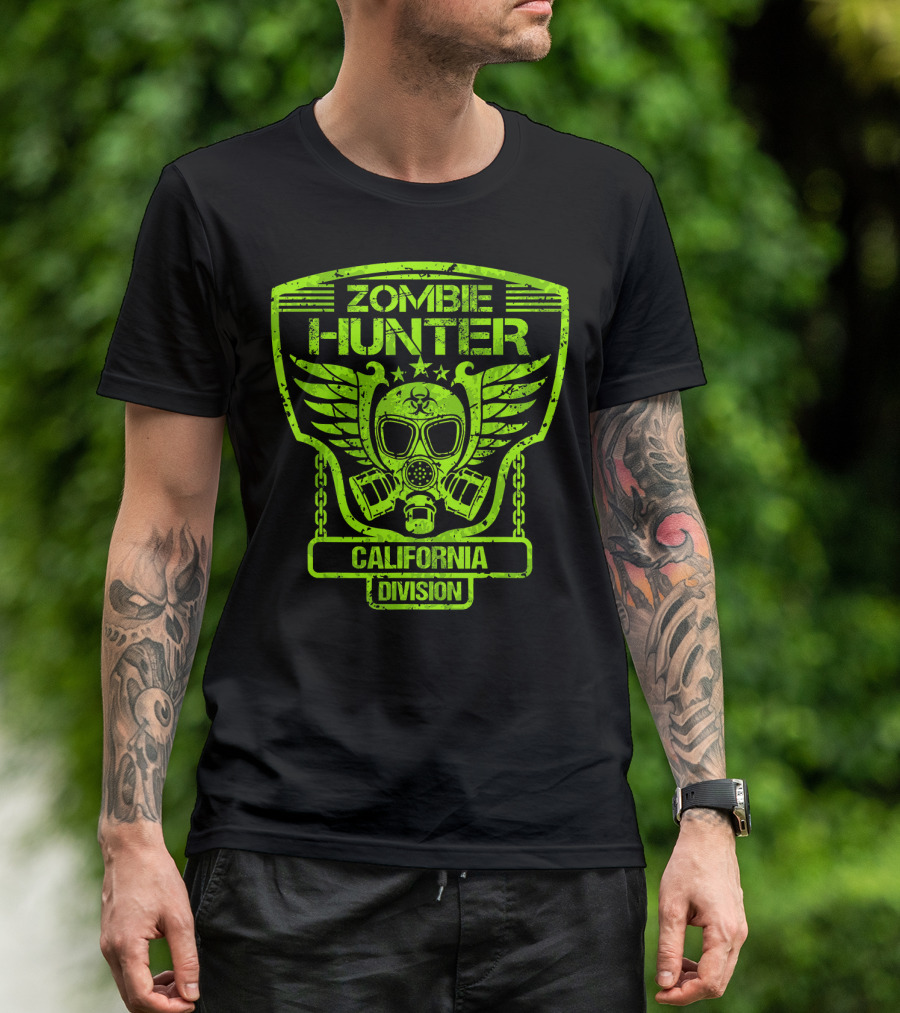 Zombie Hunter California Division Gas Mask Wings Emblem T-Shirt