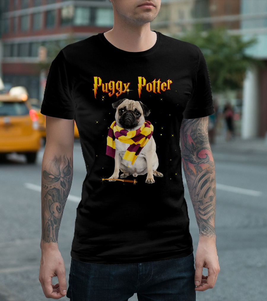 Puggy Potter Magic Wizard Pug With Scarf And Wand T-Shirt