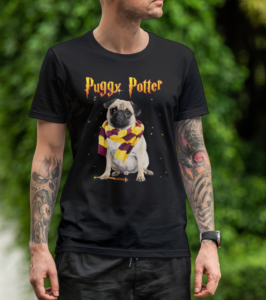 Puggy Potter Magic Wizard Pug With Scarf And Wand T-Shirt