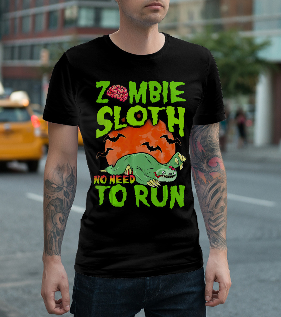 Zombie Sloth No Need To Run Halloween Brain Bats T-Shirt