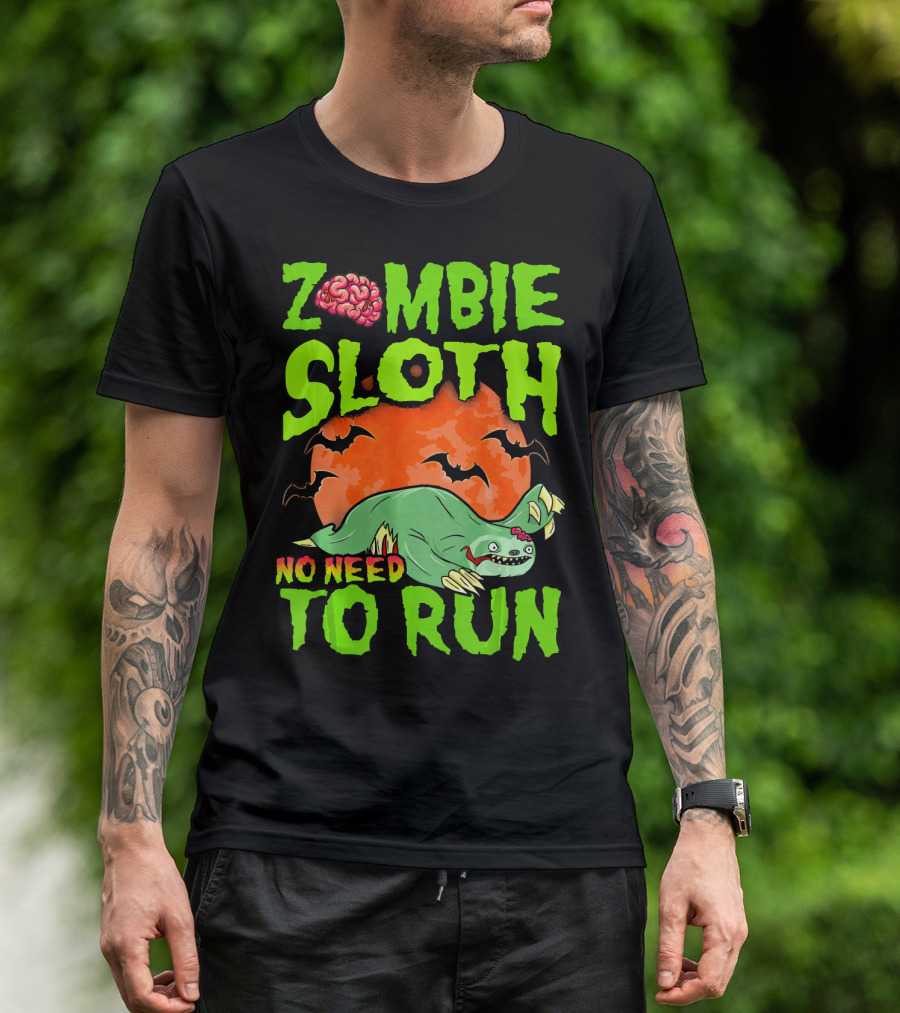 Zombie Sloth No Need To Run Halloween Brain Bats T-Shirt